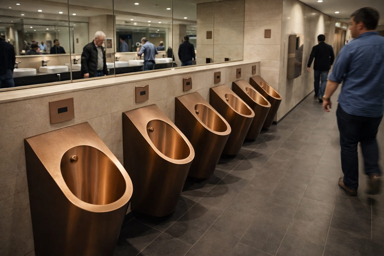 Modern commercial men's restroom with brushed bronze metal urinals mounted along a tiled wall with mirrors above the sinks.